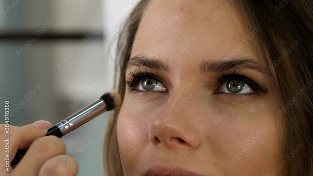 Professional make-up artist uses a brush and sponge. Applying foundation with a pink cosmetics make up sponge. Attractive female face of a brunette well-groomed woman. Professional make-up artist uses a brush and sponge. Applying foundation with a pink cosmetics make up sponge. Attractive female face of a brunette well-groomed woman.