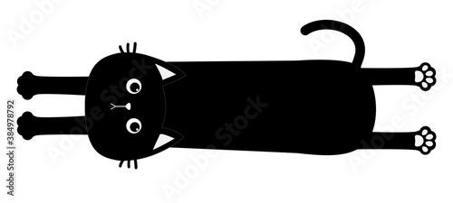 Black cat. Cute cartoon baby character. Long body with paw print, tail. Funny face head silhouette. Meow.Kawaii animal. Pet collection. Flat design style. White background. Isolated.