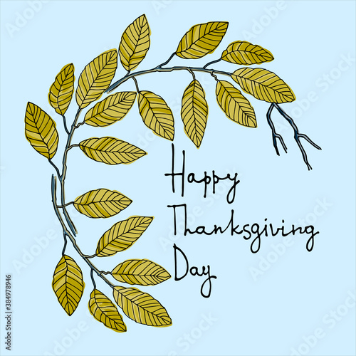 Thanksgiving Day vector logo. Greeting card, social media post design template. Hand lettering decorated with hand drawn elm tree branch