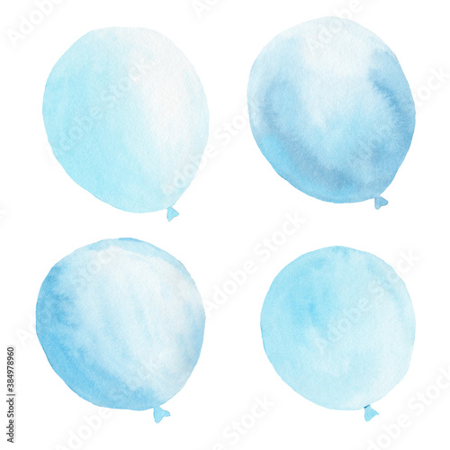 Watercolor light blue balloons set. Hand painted clipart. Graphic illustration for baby shower invitation, nursery room.