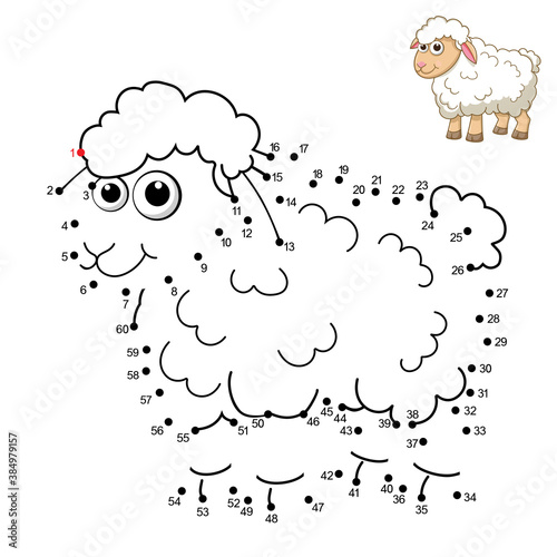 Sheep. Dot to dot Game. Connect the dots by numbers to draw the Lamb. Game and Coloring Page with cartoon cute Sheep. Logic Games for Kids. Education card for kids learning counting number 1-60