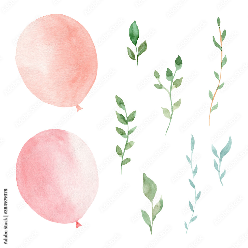 Watercolor pink balloons and greenery leaves. Hand painted clipart set.