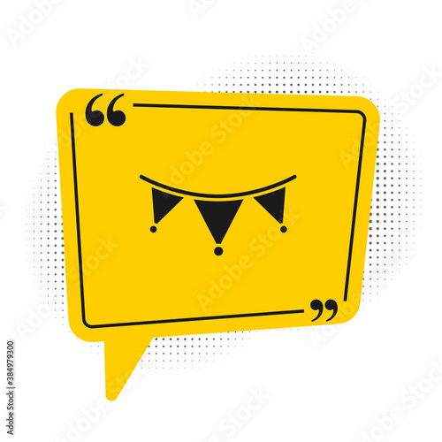 Black Carnival garland with flags icon isolated on white background. Party pennants for birthday celebration, festival decoration. Yellow speech bubble symbol. Vector.
