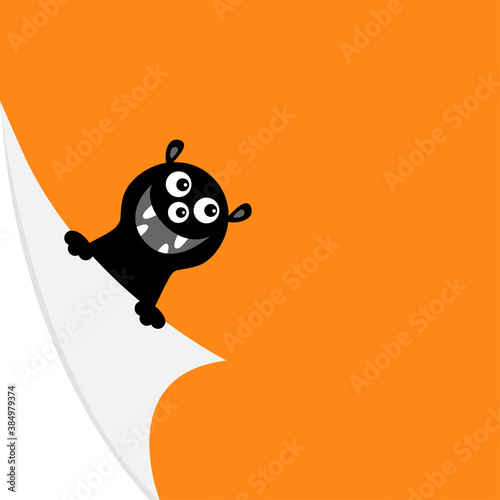 Curled paper corner. Black monster face holding fold page corners. Paw print. Happy Halloween. Cute cartoon kawaii funny baby character. Greeting card template. Orange background. Isolated.