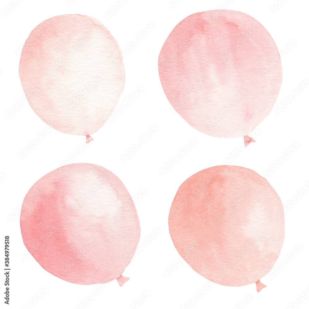 Pink balloons watercolor clipart set. Hand drawn illustration. Design for party decorations, baby shower invitation.