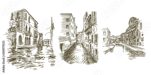 Traditional Venice Cityscape, hand drawn set.