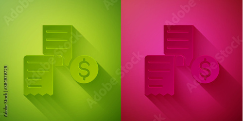 Paper cut Paper or financial check icon isolated on green and pink background. Paper print check, shop receipt or bill. Paper art style. Vector.
