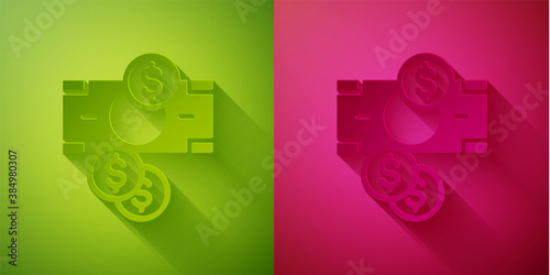 Paper cut Stacks paper money cash and coin money with dollar symbol icon isolated on green and pink background. Money banknotes stacks. Paper art style. Vector.