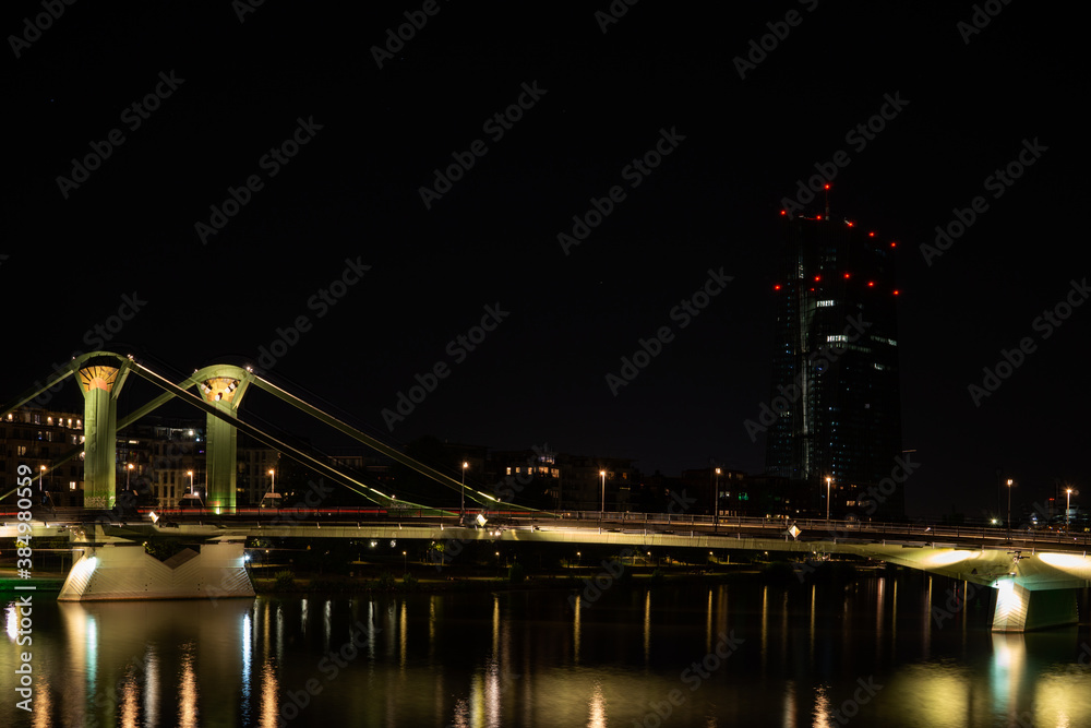 Fototapeta premium Flößerbrücke bridge and European Central Bank, Frankfurt am Main, Germany