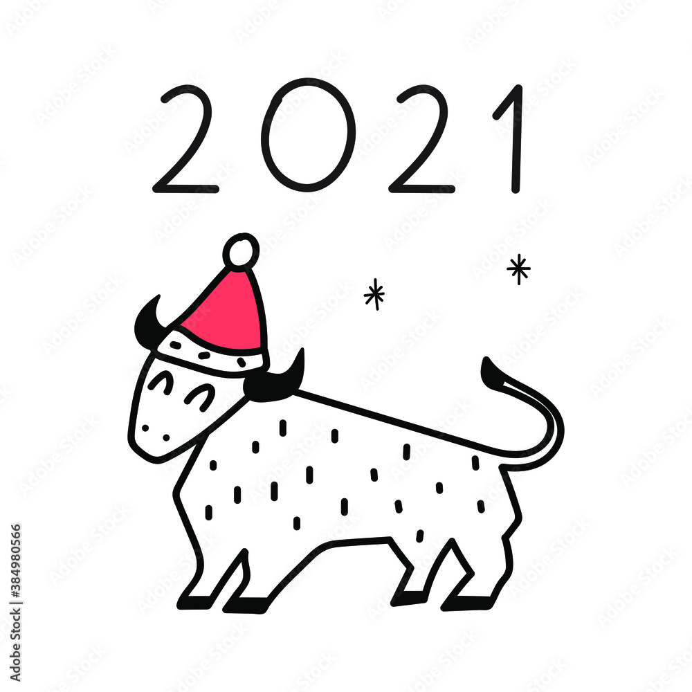 New year 2021. Vector icon outline illustration of bull in Christmas hat. Best for greeting card, t shirt, print, stickers, posters design. New year 2021. Vector icon outline illustration of bull in Christmas hat. Best for greeting card, t shirt, print, stickers, posters design.