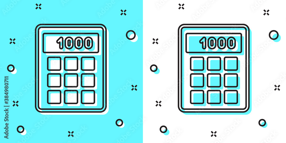 Black line Calculator icon isolated on green and white background. Accounting symbol. Business calculations mathematics education and finance. Random dynamic shapes. Vector. Black line Calculator icon isolated on green and white background. Accounting symbol. Business calculations mathematics education and finance. Random dynamic shapes. Vector.