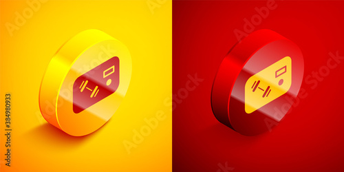 Isometric Fitness club, gym card icon isolated on orange and red background. Circle button. Vector.