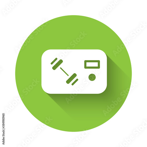 White Fitness club, gym card icon isolated with long shadow. Green circle button. Vector.