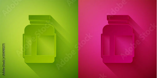 Paper cut Sports nutrition bodybuilding proteine power drink and food icon isolated on green and pink background. Paper art style. Vector.
