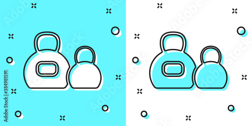 Black line Kettlebell icon isolated on green and white background. Sport equipment. Random dynamic shapes. Vector.