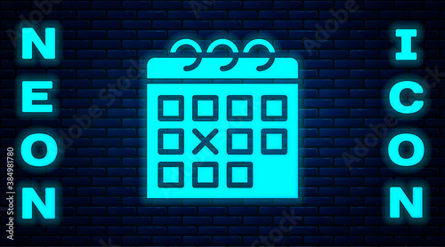 Glowing neon Calendar fitness icon isolated on brick wall background. Training schedule. Vector.