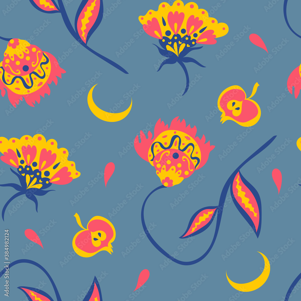 Bright autumn folk flowers and berries with moons and drops on sky blue background