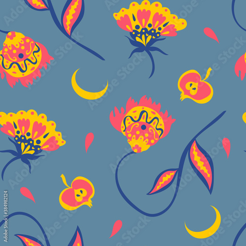 Bright autumn folk flowers and berries with moons and drops on sky blue background