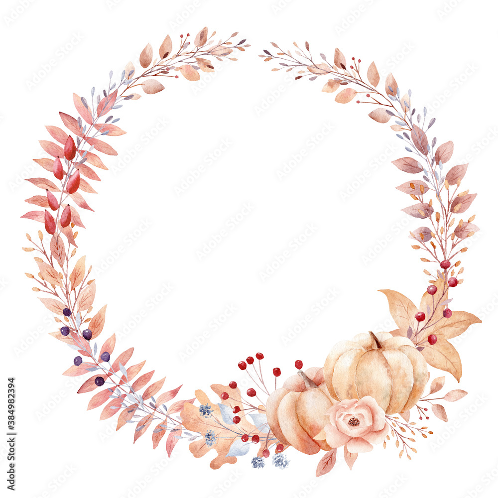 Watercolor fall wreath of orange leaves, berries, pumpkins, flowers isolated on white background.
