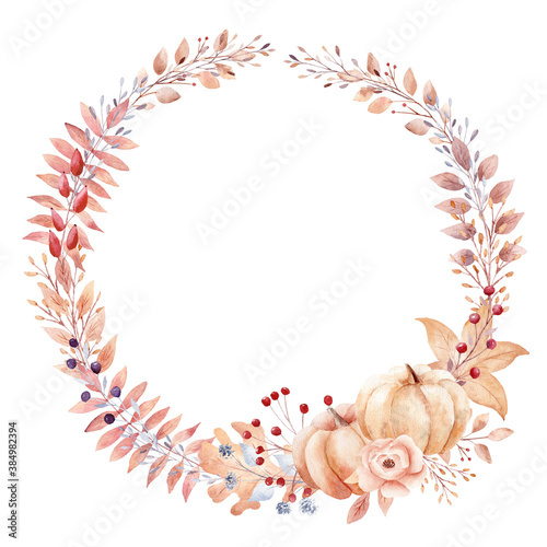 Obraz na płótnie Watercolor fall wreath of orange leaves, berries, pumpkins, flowers isolated on white background. w salonie