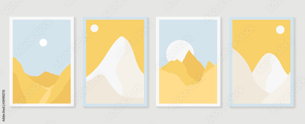 Mountain wall art vector set. Earth tones landscapes backgrounds set with moon and sun.  Abstract Plant Art design for print, cover, wallpaper, Minimal and  natural wall art. Vector illustration..