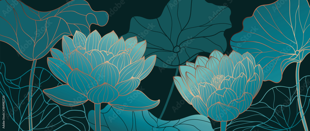 Luxurious background design with golden lotus. Lotus flowers line arts design for wallpaper, natural wall arts, banner, prints, invitation and packaging design. vector illustration.