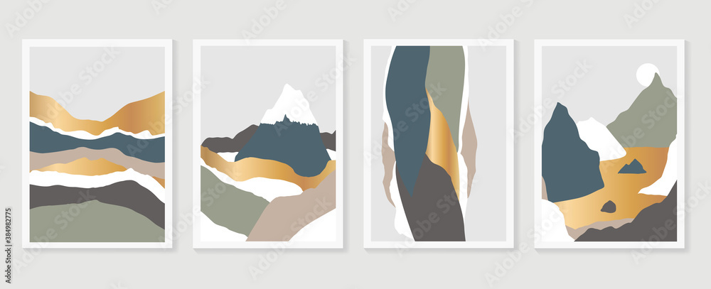 Mountain wall art vector set. Earth tones landscapes backgrounds set with moon and sun.  Abstract Plant Art design for print, cover, wallpaper, Minimal and  natural wall art. Vector illustration.