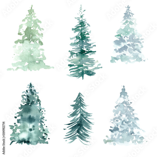 Obraz na płótnie Watercolor pine trees clipart. Hand painted illustration for winter and christmas graphics, invitations, cards. w salonie