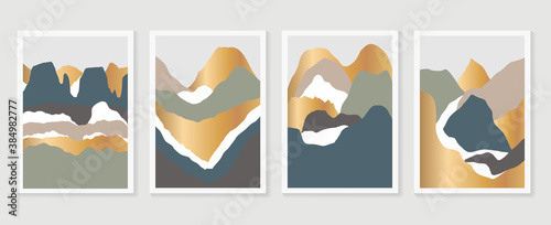 Mountain wall art vector set. Earth tones landscapes backgrounds set with moon and sun.  Abstract Plant Art design for print, cover, wallpaper, Minimal and  natural wall art. Vector illustration.