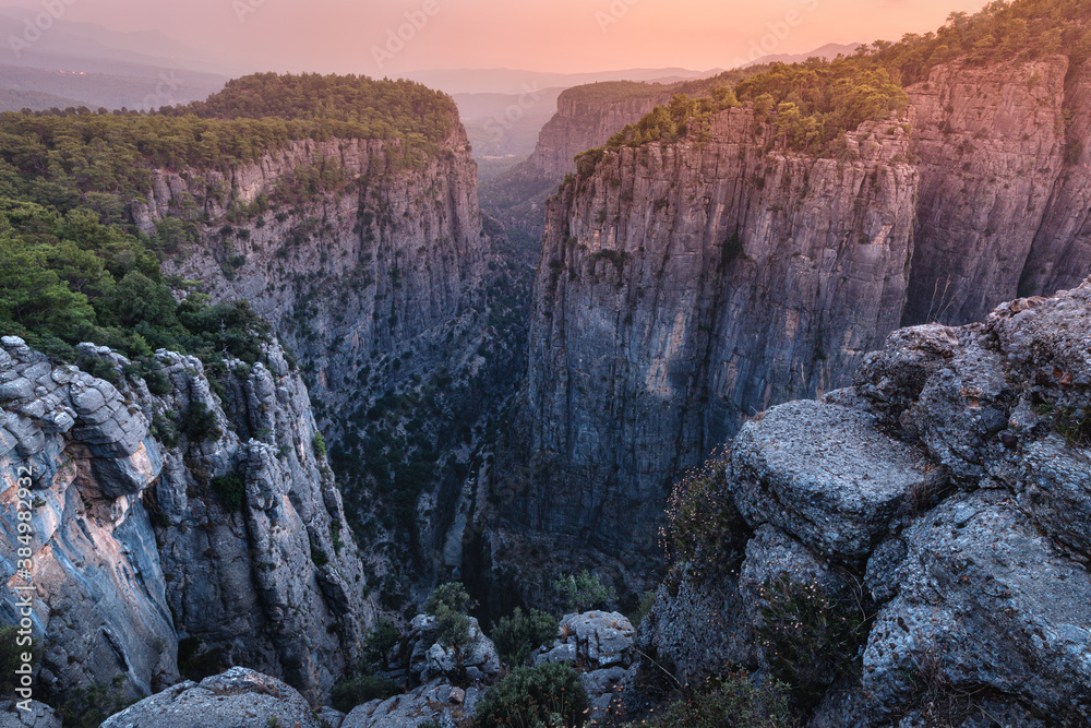 Grandiose fascinating and deep Tazi canyon in Turkey at sunrise. A famous tourist attraction and a great place for photos and Hiking in the mountains. Koprulu nature Park