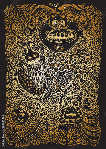 Vector humorous illustration of crazy dogs and monsters. Black and gold doodle drawing, auto trace of hand drawn sketch. Adults and children coloring book vertical page, cover, pop art t-shirt print
