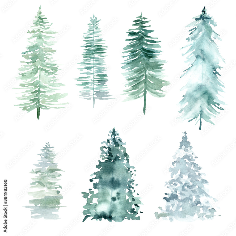 Watercolor forest pine trees for Christmas and Happy New Year.