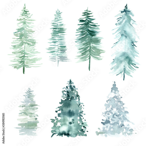 Obraz na płótnie Watercolor forest pine trees for Christmas and Happy New Year. w salonie