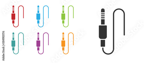 Black Audio jack icon isolated on white background. Audio cable for connection sound equipment. Plug wire. Musical instrument. Set icons colorful. Vector.