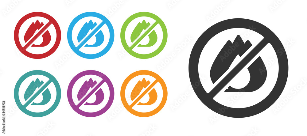 Black No fire icon isolated on white background. Fire prohibition and forbidden. Set icons colorful. Vector. Black No fire icon isolated on white background. Fire prohibition and forbidden. Set icons colorful. Vector.