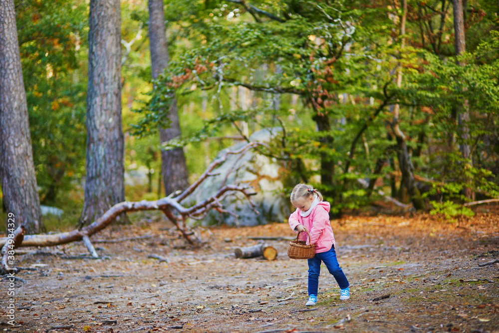 Adorable toddler girl with basket picking mushrooms in autumn forest Adorable toddler girl with basket picking mushrooms in autumn forest