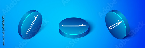 Isometric Metal pike pole with wooden handle icon isolated on blue background. Spear, pickaxe, hook hand extinguishing instrument and tool for fireman. Blue circle button. Vector.