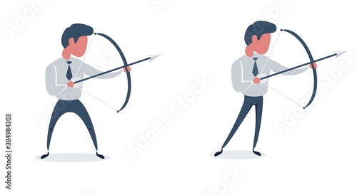 Full length portrait of a young businessman aiming with a bow and arrow isolated on white background. Set. Vector flat design illustration.