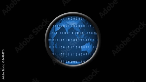 Fototapeta Naklejka Na Ścianę i Meble -  Part of the world map behind lines of binary code in a magnifying lens - isolated on black background - 3D illustration