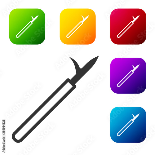Black Metal pike pole with wooden handle icon isolated on white background. Spear, pickaxe, hook hand extinguishing instrument and tool for fireman. Set icons in color square buttons. Vector.