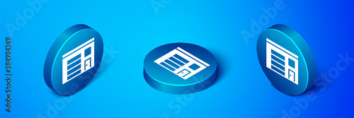 Isometric Building of fire station icon isolated on blue background. Fire department building. Blue circle button. Vector.