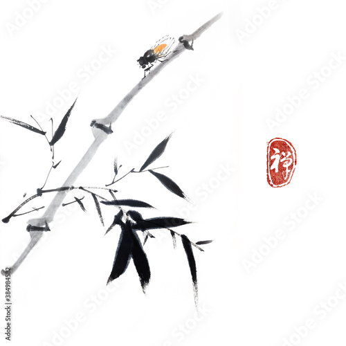 ZEN.A Cicada with the Bamboo on white background.Japanese/Chinese ink and wash painting.Asian traditional culture.(The Hieroglyphs meaning:ZEN)