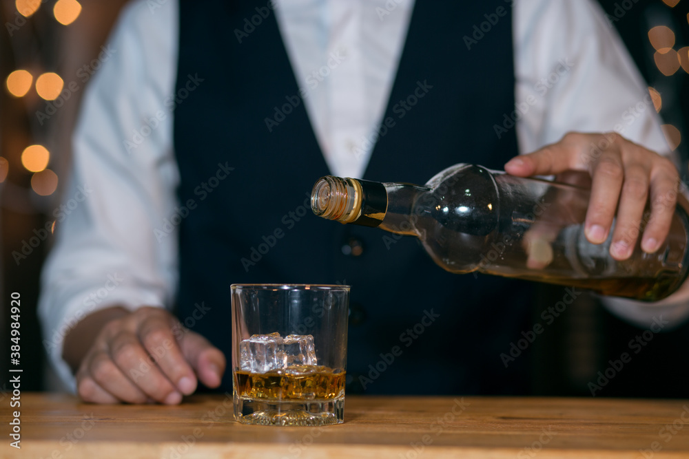 Barman pouring whiskey whiskey glass beautiful night Barman pouring whiskey whiskey glass beautiful night