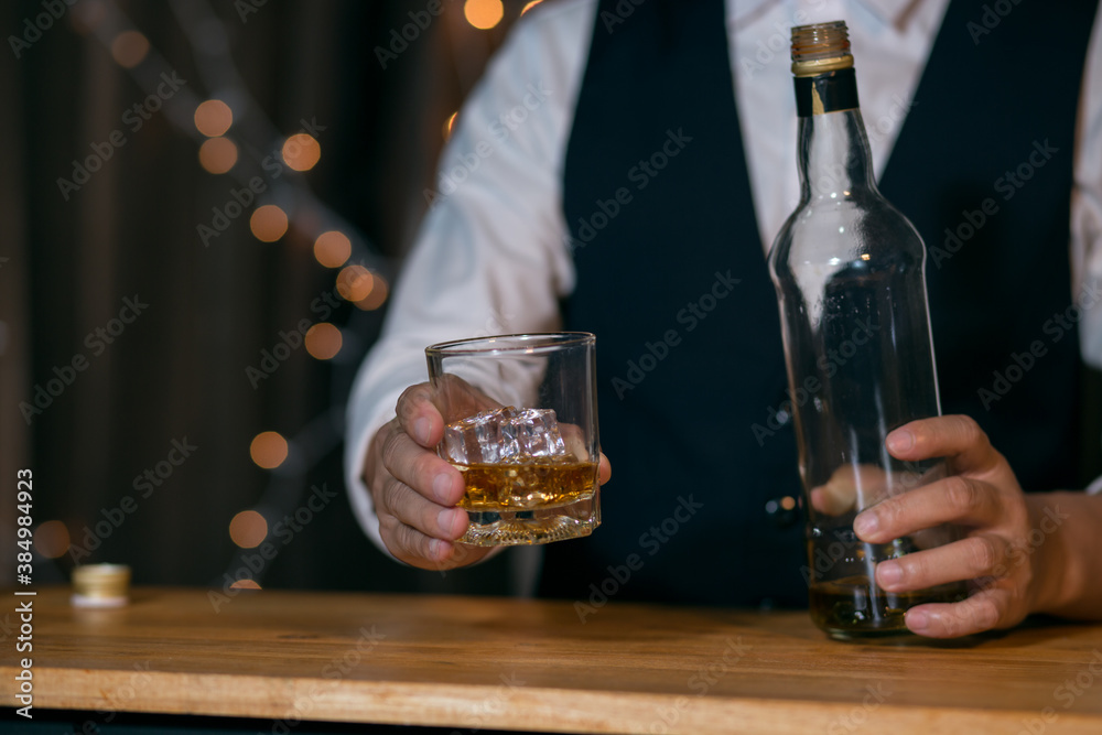 Barman pouring whiskey whiskey glass beautiful night Barman pouring whiskey whiskey glass beautiful night