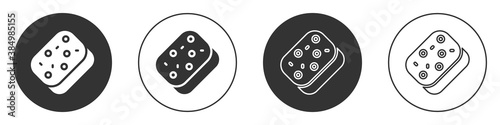 Black Sponge with bubbles icon isolated on white background. Wisp of bast for washing dishes. Cleaning service logo. Circle button. Vector.