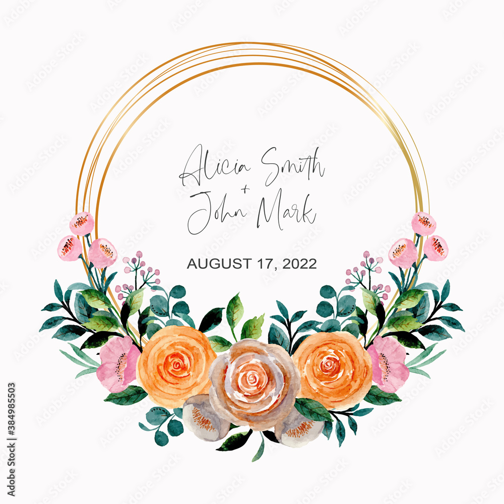  Watercolor roses floral wreath with golden frame