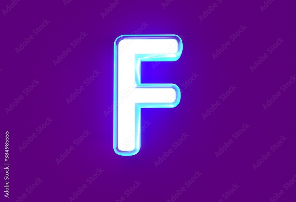 White polished neon light blue glow font - letter F isolated on purple background, 3D illustration of symbols White polished neon light blue glow font - letter F isolated on purple background, 3D illustration of symbols