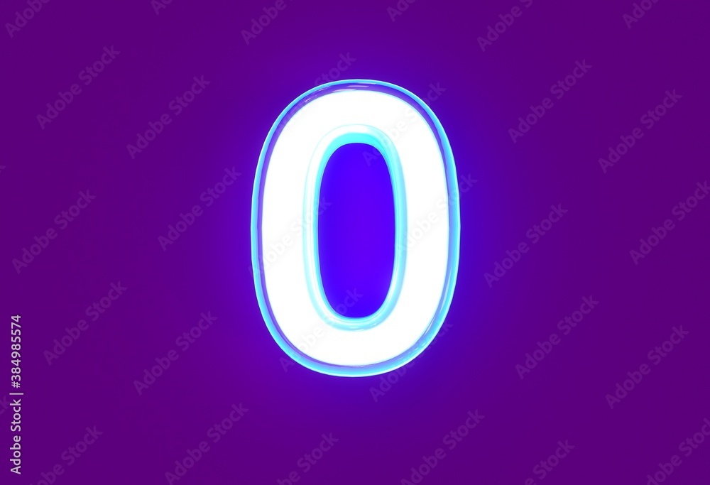 White polished neon light blue glow font - number 0 isolated on purple, 3D illustration of symbols White polished neon light blue glow font - number 0 isolated on purple, 3D illustration of symbols