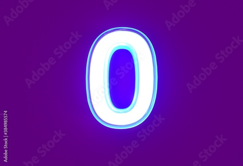 White polished neon light blue glow font - number 0 isolated on purple, 3D illustration of symbols