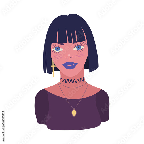 Vector illustration of young woman. Fashionable and stylish subculture girl with black hair. Isolated character, avatar. Youth lifestyle. 